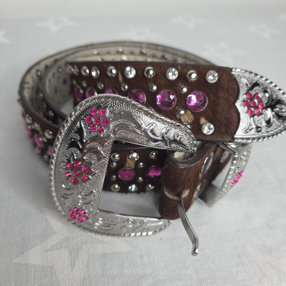 BHW Western Rhinestones Cowhide Leather Belt Size XL Brown Pink